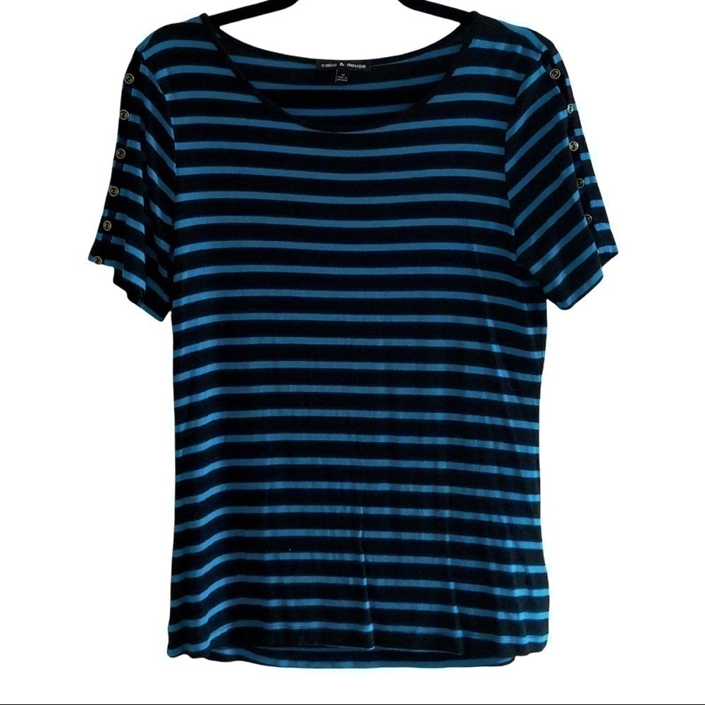 Cable & Gauge T-Shirt with Button Sleeves Blue Black Stripes Size M